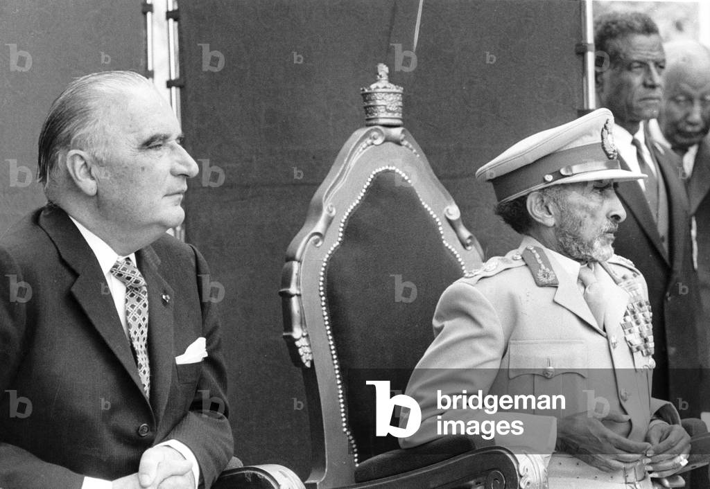 Emperor of Ethiopia Haile Selassie Meeting French President Georges Pompidou during his Visit in Ethiopia January 1973 (b/w photo)