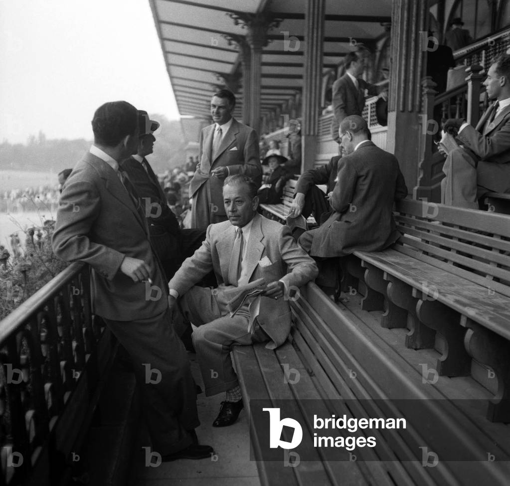 Grand Prix de Paris (horse race), Longchamp racecourse, Paris, June 26, 1949 : American actor Georges Raft (b/w photo)