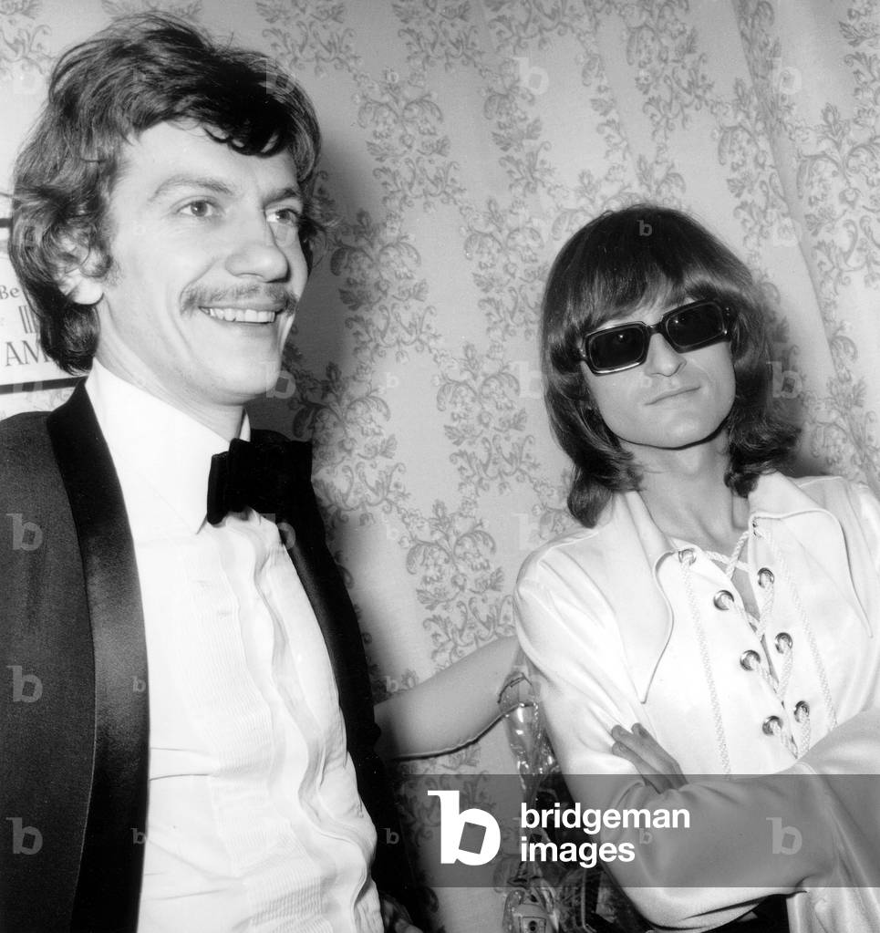 French Singer Antoine Congratulating Michel Polnareff in his Dressing Room at The Olympia January 16, 1970 (b/w photo)
