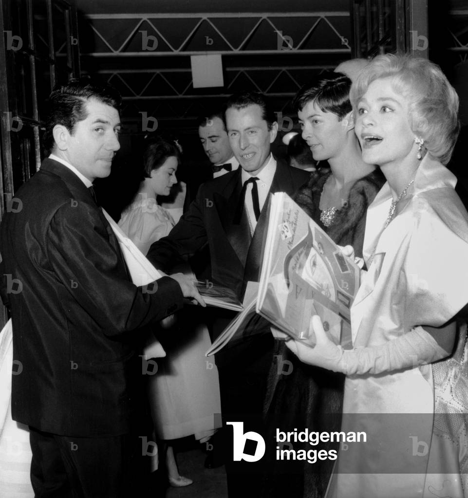 Gala of Artists in Paris March 7, 1959 : L-R : Daniel Gelin, Annie Girardot, Noel Carboneau, Bernard Buffet With Is Wife Annabel and Daniele Delorme (b/w photo)
