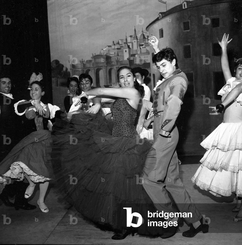 Nana Lorca and Antonio Gardes, The Spanich Dancers of Pilar Lopez (Flamenco) on Stage in Paris January 28, 1960 (b/w photo)