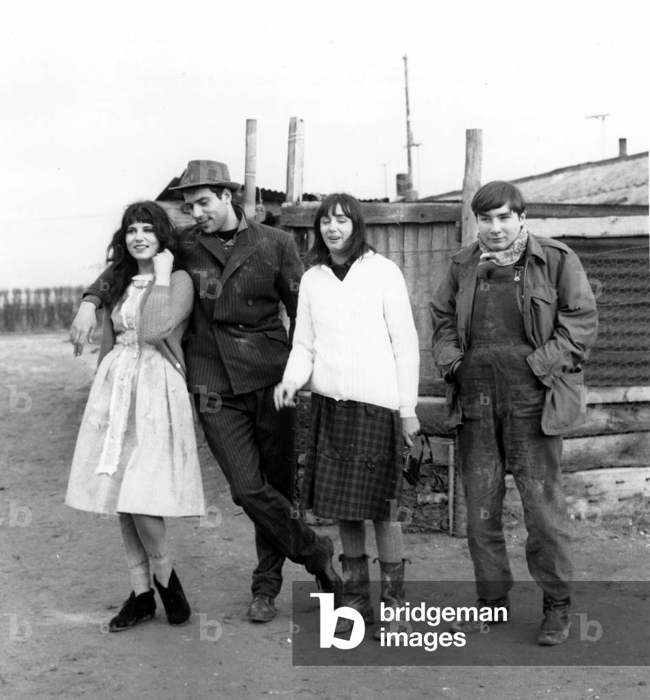 French Singer Catherine Ribeiro, Actor Marino Masse, Galea and Albert Juross on December 12, 1962 (b/w photo)