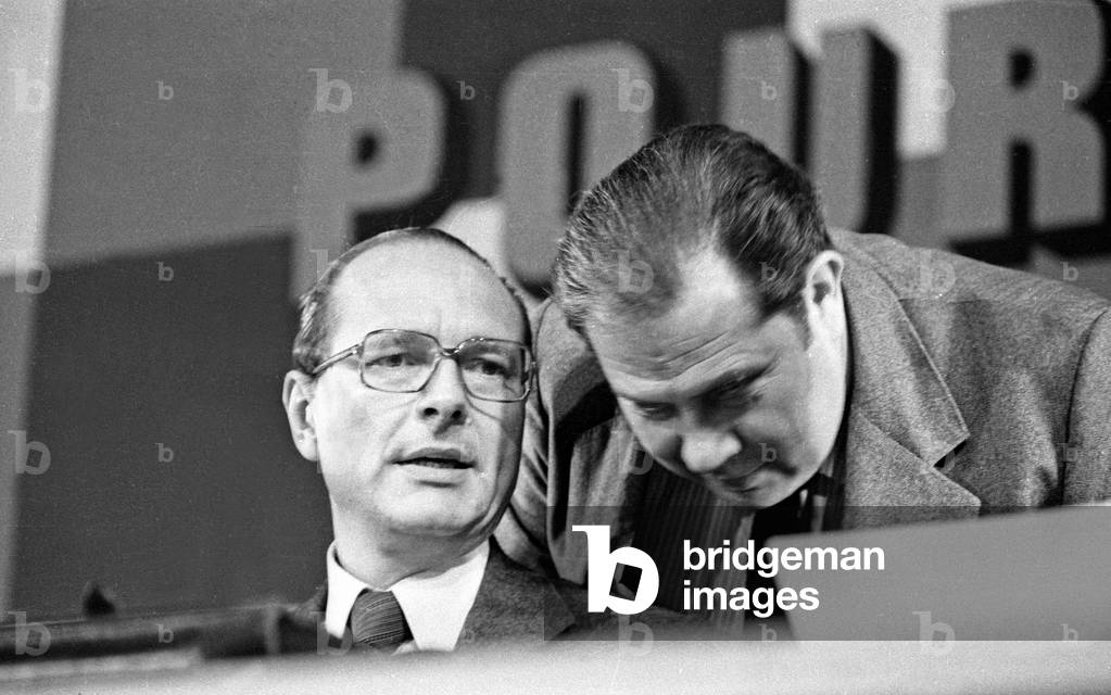 Jacques Chirac and Charles Pasqua at The Conference of The Conference (Main Political Party of The Gaullist Right) in Paris on April 4, 1979 (b/w photo)