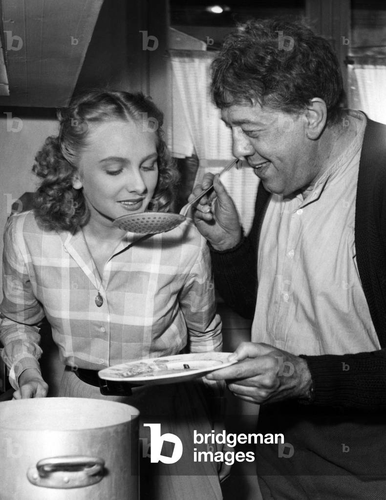 Michel Simon and Floriane Prevot Cooking on The Set of The Film Monsieur Taxi By Andre Hunebelle, Saint Maurice Studio, March 5, 1952 (b/w photo)