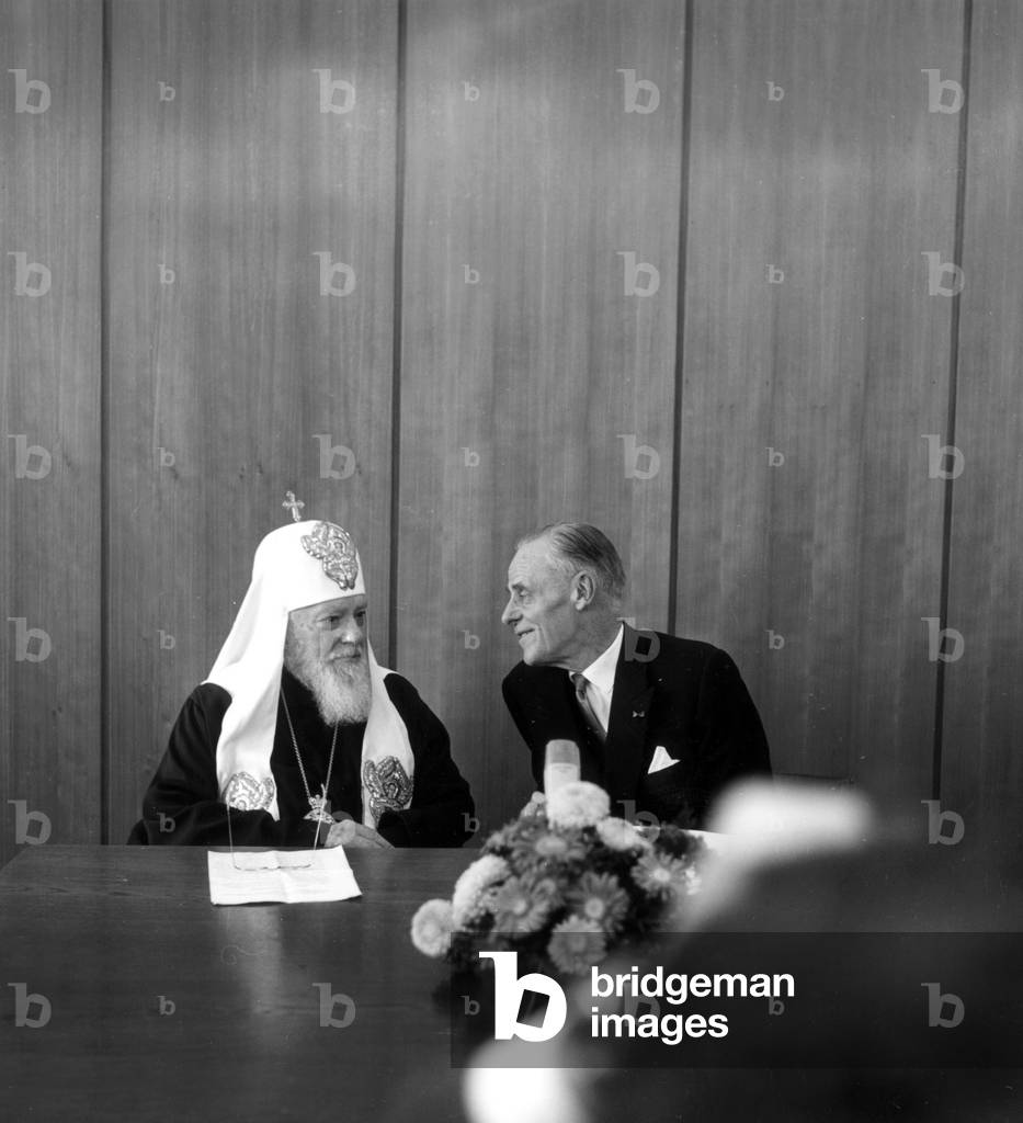 The World Council of Churches (WCC) in Geneva, Switzerland, on september 22, 1964 with patriarch of Moscow Alexy I and Willem Adolph Visser't Hooft, first secretary general of the World Council of Churches (b/w photo)