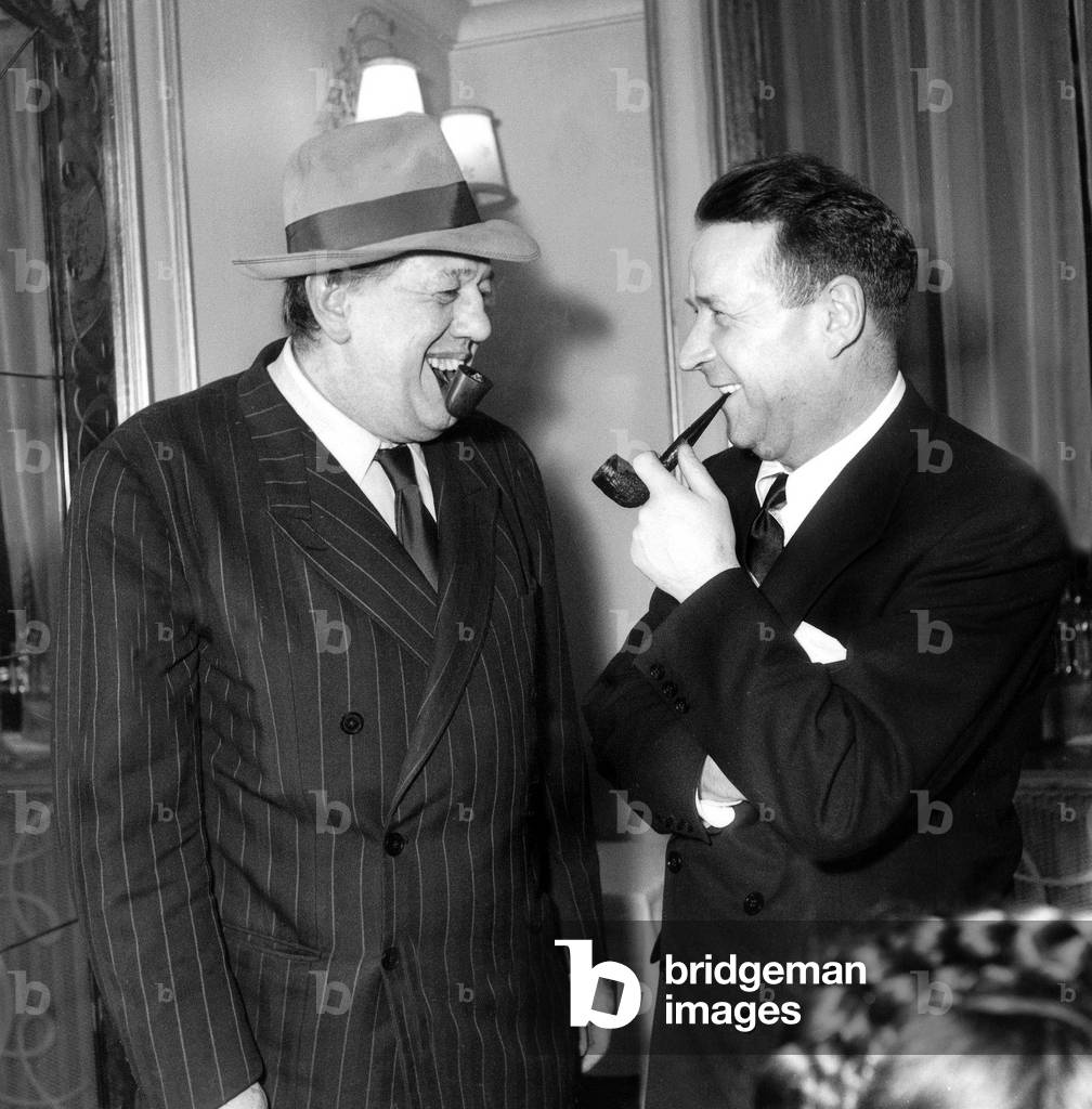 Writer Georges Simenon With Actor Michel Simon The Next Inspector Maigret For Film Brelan D' As March 30, 1952 (b/w photo)