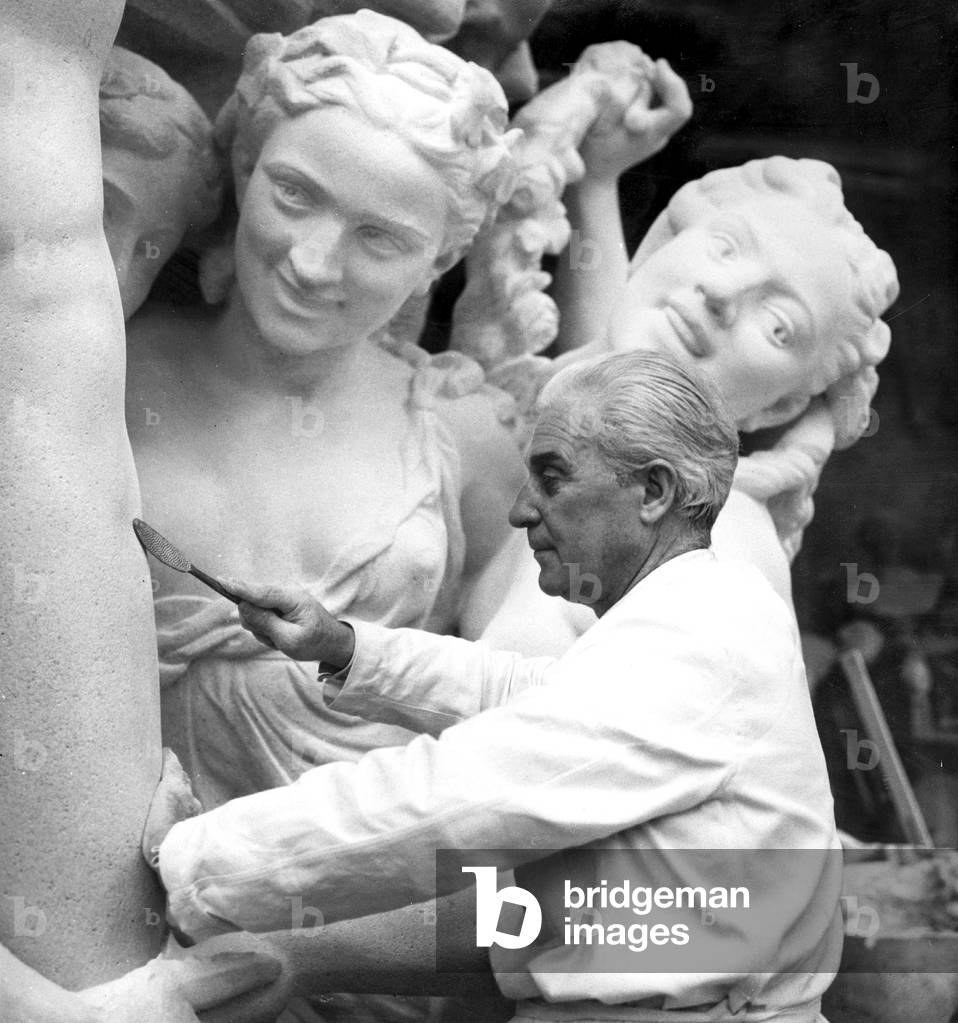 French Sculptor Paul Belmondo in Workshop August 14, 1964 Working at Andremalraux'S Request on The Reproduction of Sculpture The Dance By Capeaux , Which Original Was Damaged By Bad Weather (b/w photo)