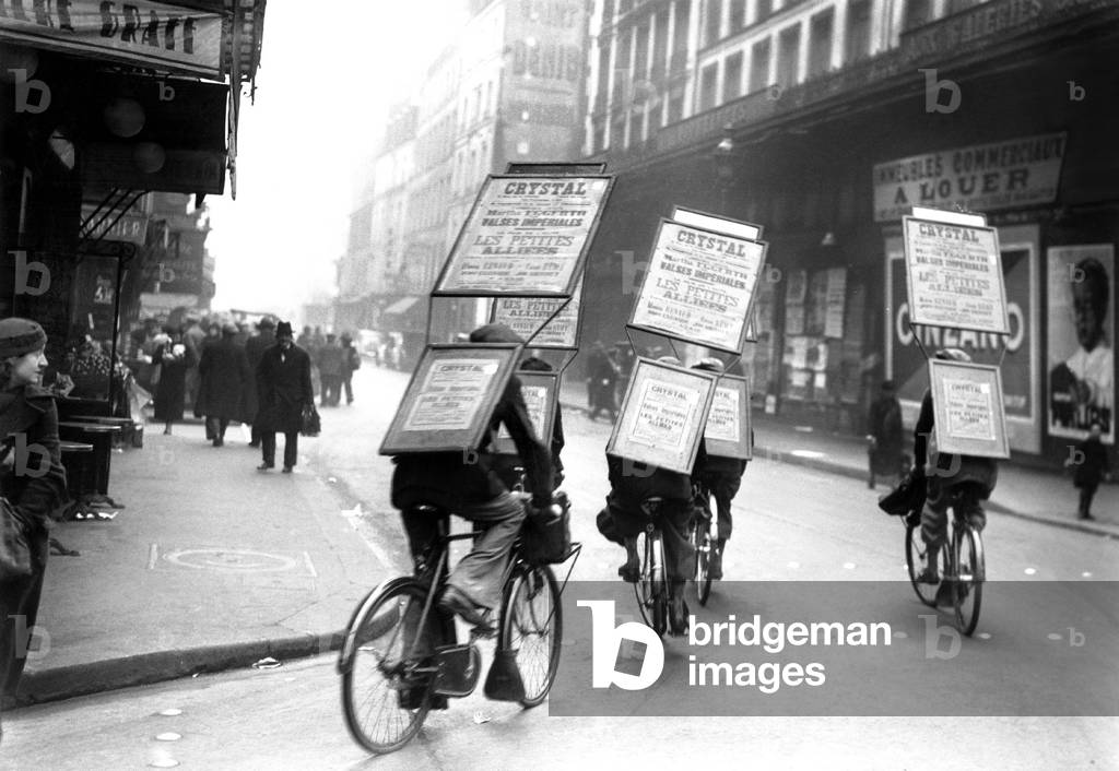 Sandwich Men during Advertising Bicycle Ride in France in 1936 (b/w photo)