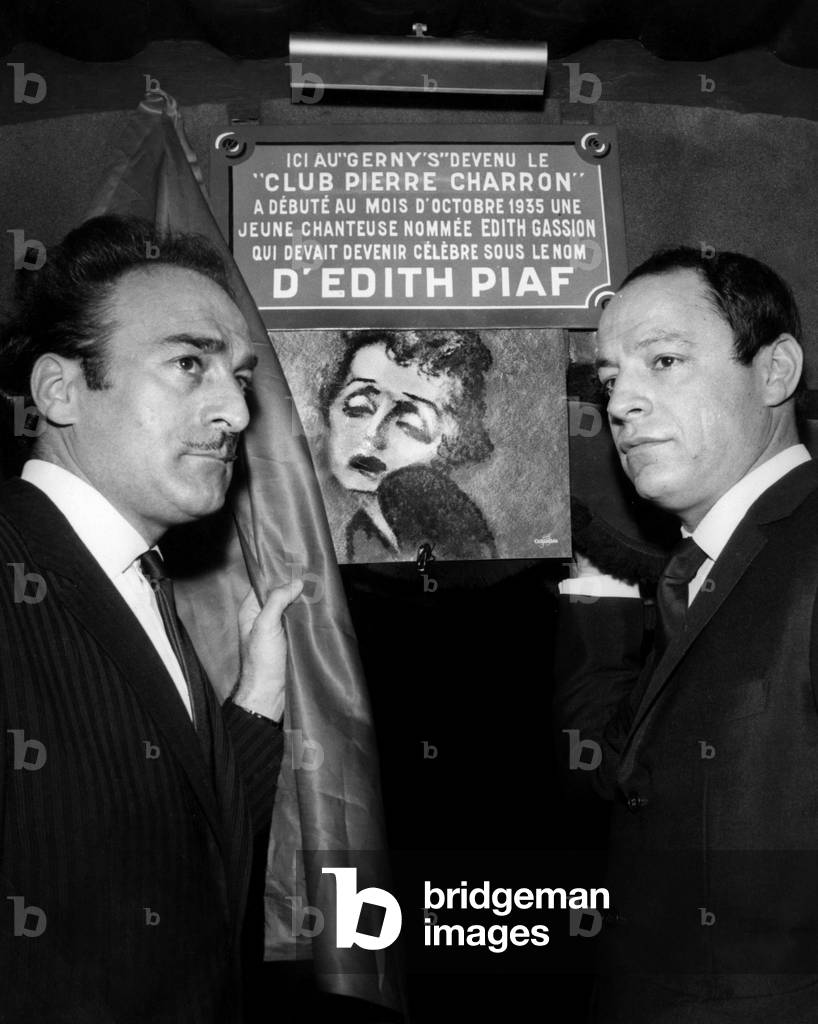 A Commemorative Plaque To Memory of Singer Edith Piaf Is Unveiled in Paris By Two Lyric Writers Michel Rivgauche and Charles Dumont on February 9, 1966 (b/w photo)