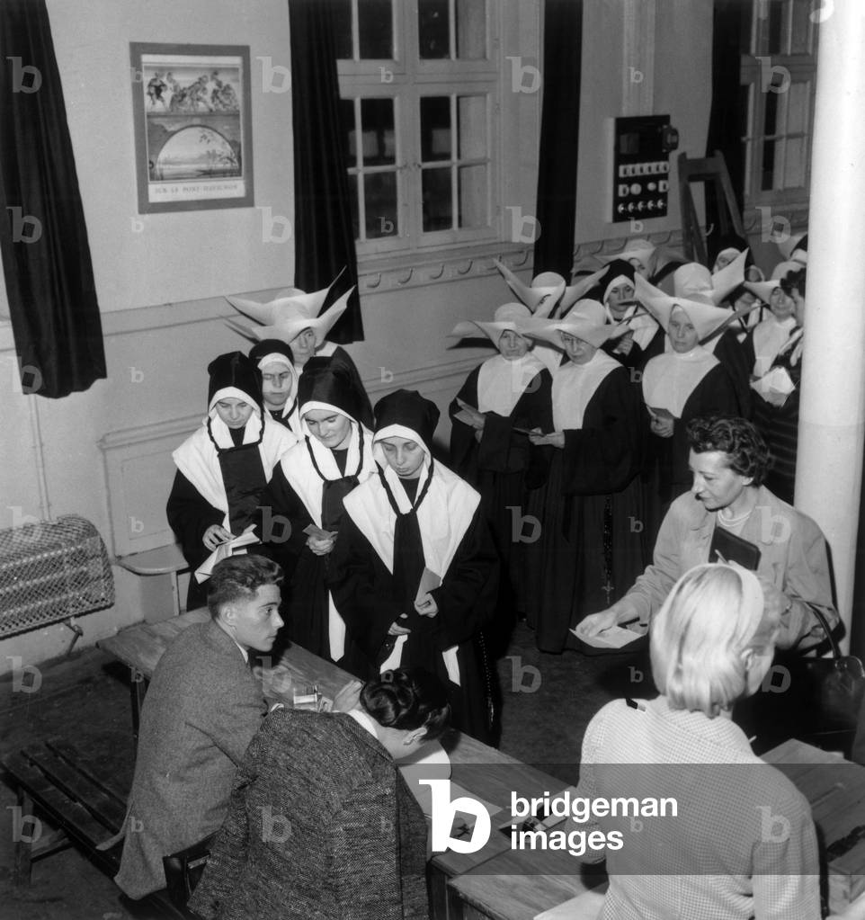 Nuns Voting For Referendum (About New Constitution) on September 28, 1958, Paris (b/w photo)