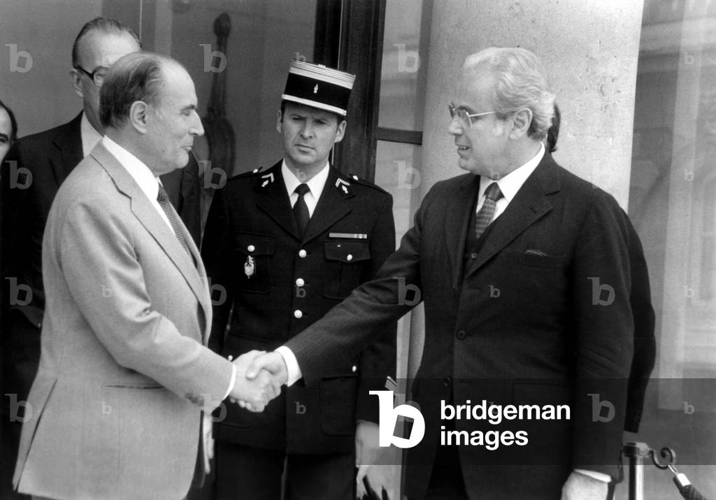 Javier Perez De Cuellar, General Secretary of Uno, and French President Francois Mitterrand at Elysee Palace in Paris on September 13, 1982 (b/w photo)