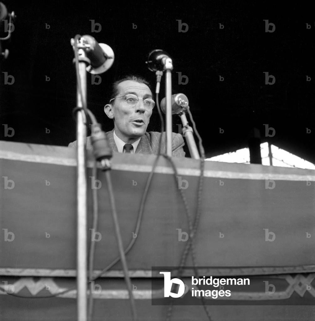 World Congress of Peace Supporters: Physicist Frederic Joliot Curie (Nobel Prize in Chemistry 1935), President of the World Peace Movement April 25, 1949 Neg: 21747 (b/w photo)