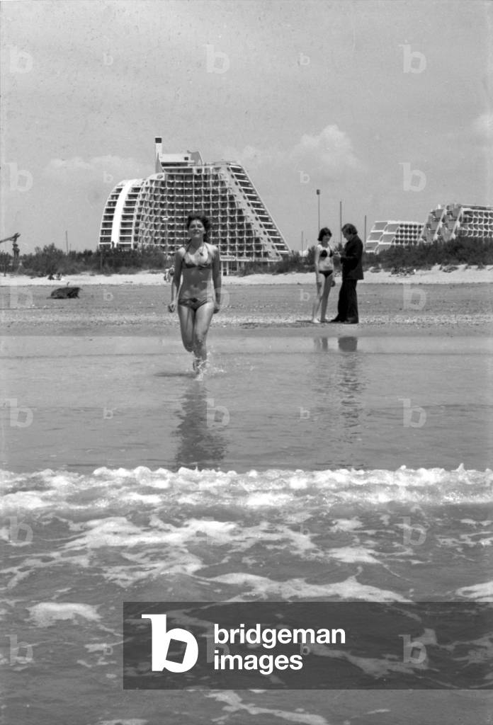 La Grande Motte, Mediterranean Sea, France, June 14, 1977 : The Beach (b/w photo)