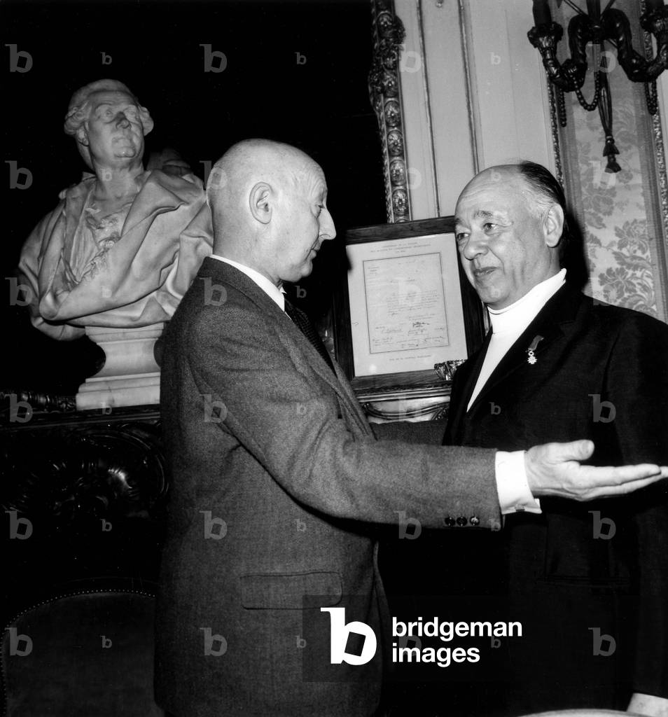 Eugene Ionesco Receiving Cross of Chevalier of The Legion of Honour From Armand Salacrou, Paris, April 21, 1971 (b/w photo)