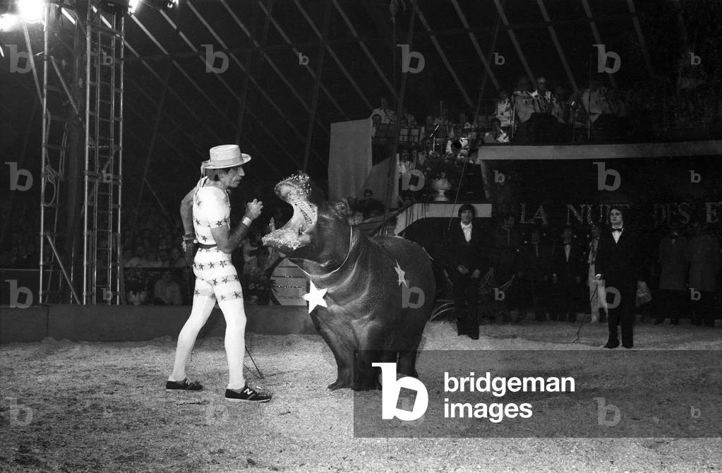 French Actor With An Hippopotamus at The Gala De L'Union Des Artistes, November 23, 1981 (b/w photo)