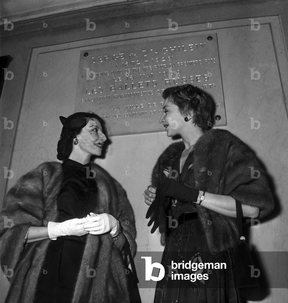 Dancers Alicia Markova and Colette Marchand at The Theatre Du Chatelet in Paris in Front of The Plate in Memory of Sergediaghilev May 19, 1953 (b/w photo)
