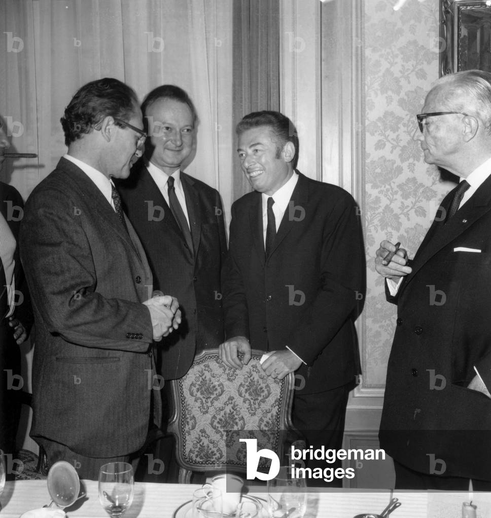 Jacques Derogy, French Journalist Receiving A Prize on October 20, 1970 in Paris : L-R : Hector De Galard, Max Pol Fouchet, Derogy and Louis-Gabriel Robinet  (b/w photo)