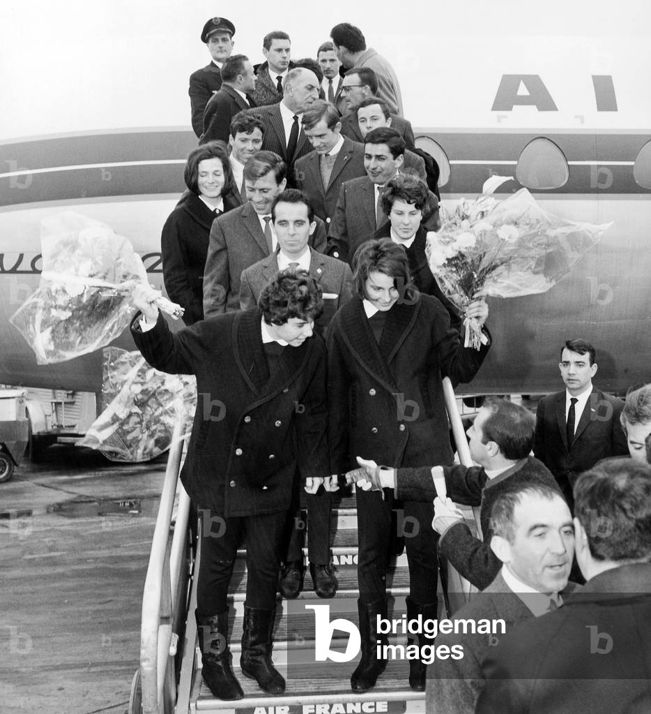 French Ski Team Arriving at Orly Airport, 1964 (b/w photo)