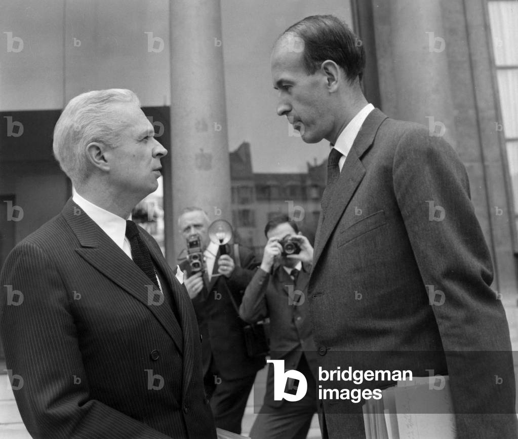 Valery Giscard D'Estaing (R, French Prime Minister) Discuss With Roger Frey (State Minister) After A Meeting With Geogespompidou at The Elysee Palace in Paris, September 10, 1969 (b/w photo)