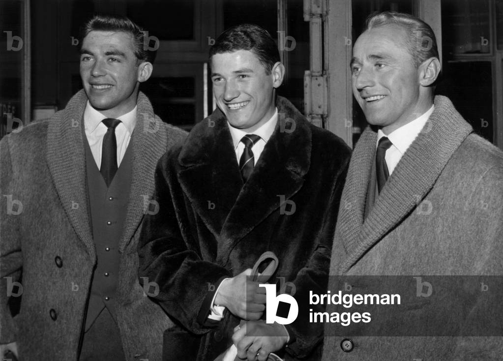 In the Salons At Orly Airport Before Decolving From Left to Right Austrian Schranz Descent Favourite King Of Slalom Guy Perillat And Celere Austrian Champion Moterer Departing for Squaw Valley Au Will Play Winter Olympics February 3 1960 (b/w photo)