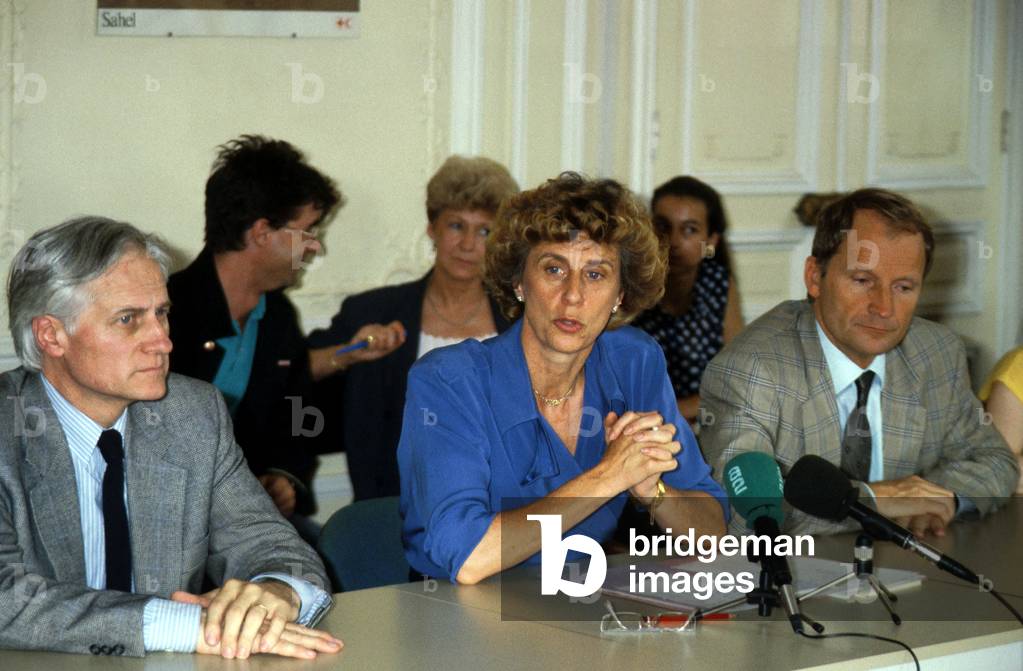 Georgina Dufoix Chairman of Red Cross during Press Conference To Explain Red Cross Deficit on her Side Pierre Boutenna General Director (L) and Jean Daniel Ramond General Secretary (R) July 6, 1989  (photo)