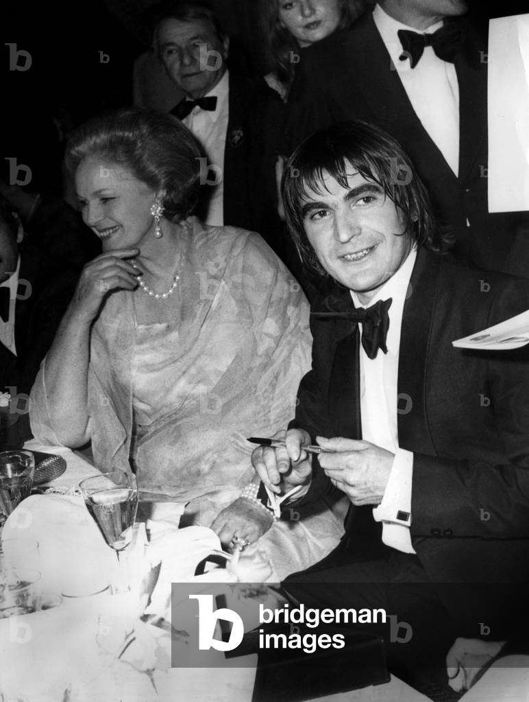 The Begum and Singer Serge Lama at Charity Gala in Cannes January 24, 1975 (b/w photo)