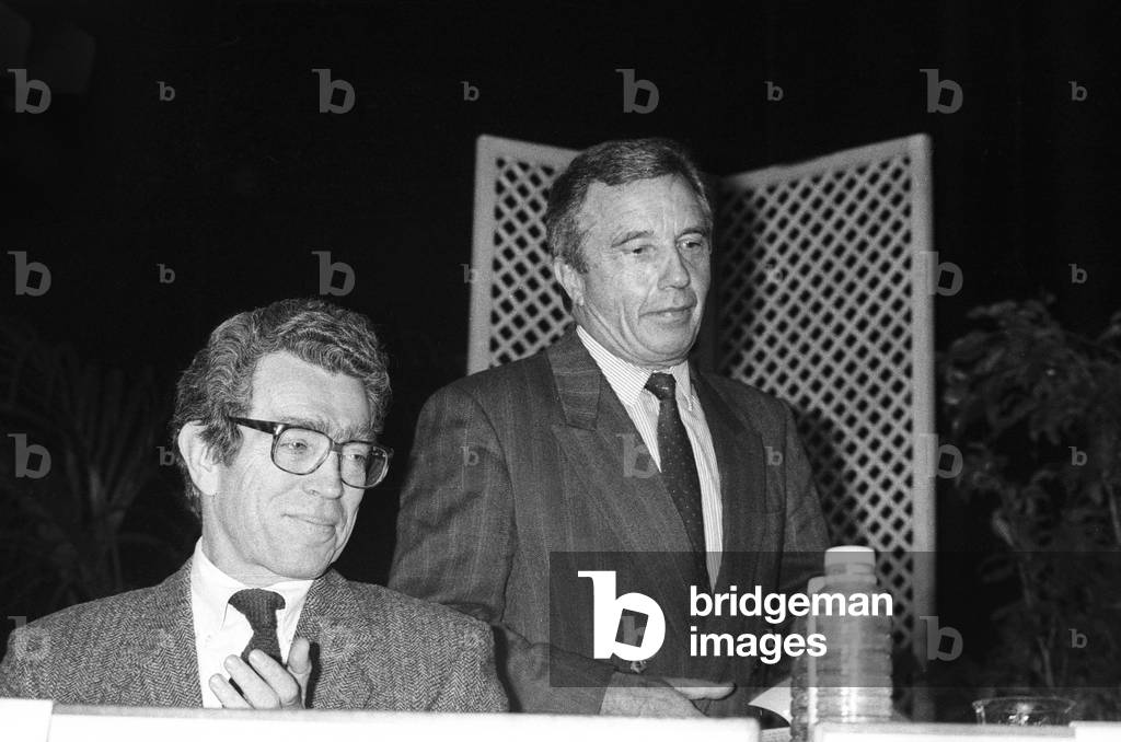 Meeting of French Mayors, Paris, November 14, 1989 : Pierre Joxe, Michel Giraud (b/w photo)