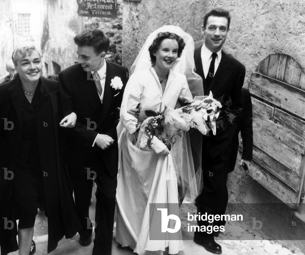 Wedding of Francis Roux and Yvonne Tourne in Saint-Paul-De-Vence, With Simone Signoret and Yves Montand on April 30, 1952 (b/w photo)