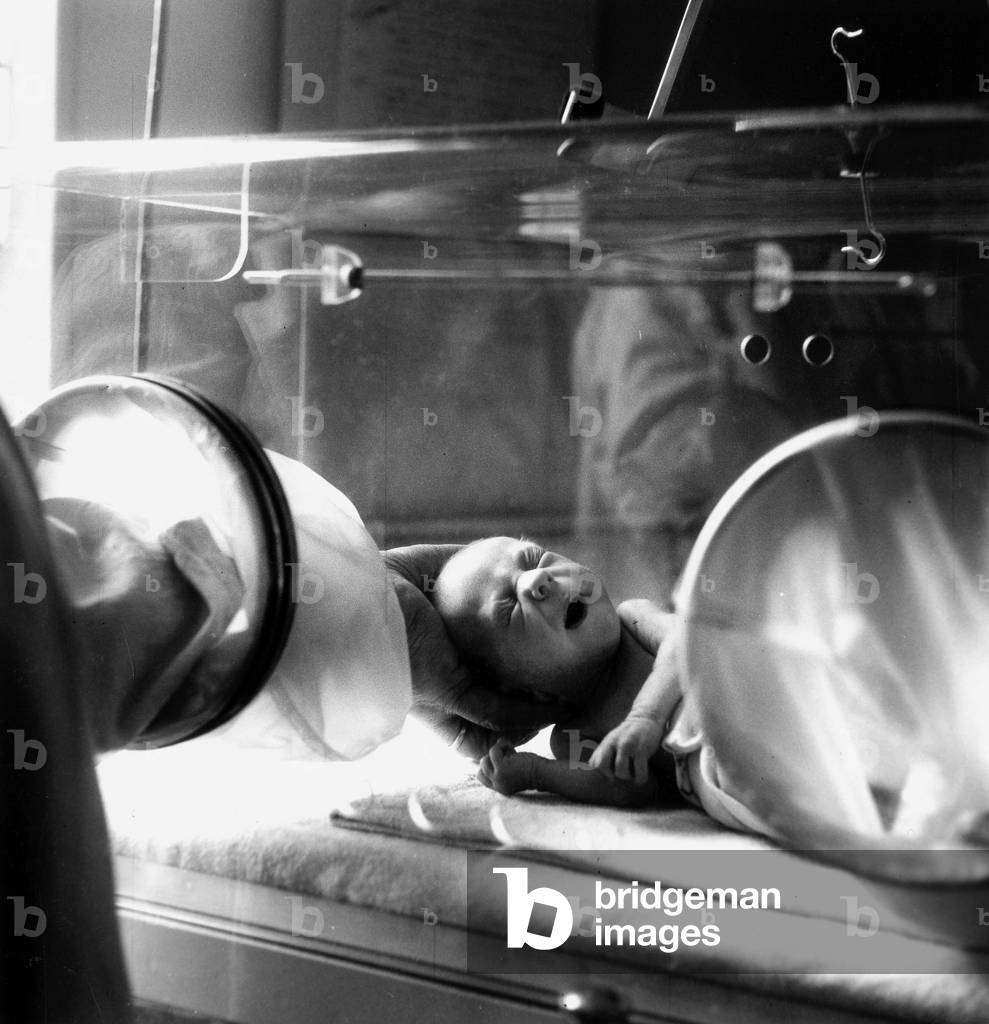 Baby in Incubator, Paris, May 1949 (b/w photo)