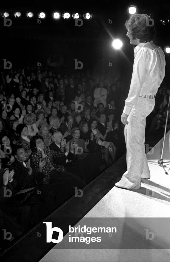 Singer Joe Dassin on Stage at The Olympia, Paris, February 20, 1974 (b/w photo)