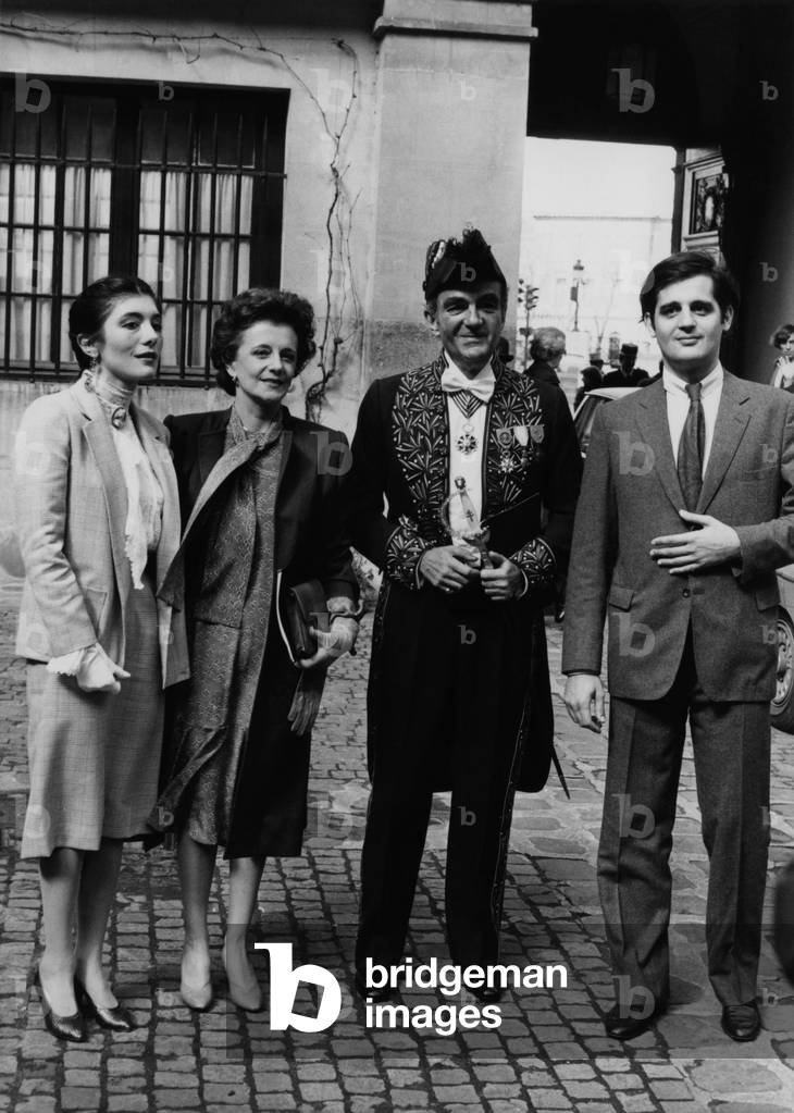 Admission of French Writer and Journalist Michel Droit at The Academie Francaise, Paris, March 26, 1981 : here Michel Droit With his Wife (Janine Bazin) and Children (b/w photo)