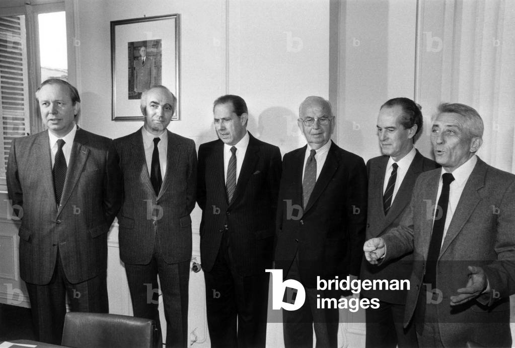 From Left to Right Mr Jean Claude Gaudin President Of The Udf Group At The Assembly Mr Michel Pinton Secretary General Of The Udf Mr Charles Pasqua President Of The Rpr Group In The Senate Mr Adolphe Chauvin President Udf In The Senate Mr Claude Labbe President Of The Rpr Group At A Concertation Meeting Between The Udf And The Rpr At The Siege Of The Rpr Rue De Lille In Paris At The Debut Of The Reunion May 19, 1983 (b/w photo)