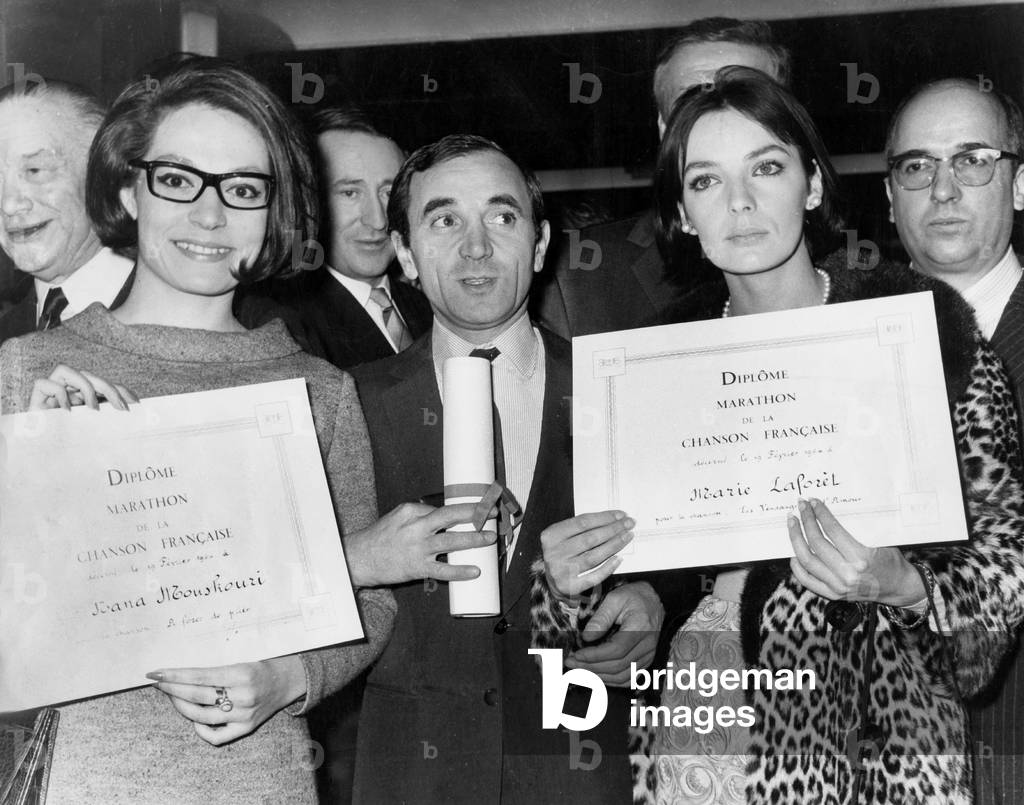 Nana Mouskouri, Charles Aznavour and Marie Laforet, 1964 (b/w photo)