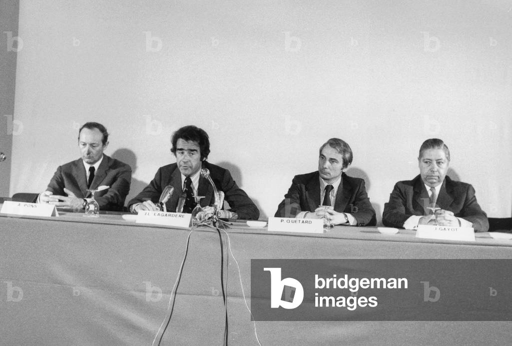 Jean Luc Lagardere Chairman of Enpins Matra Society during Presentation of First Aramis Vehicles in Orly Airport May 7, 1973 France (b/w photo)