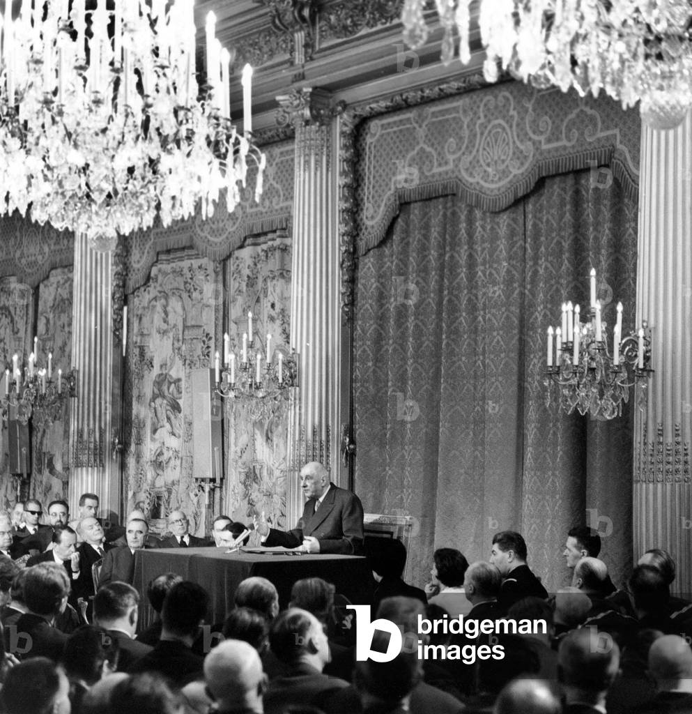 First Press Conference of General Charles De Gaulle After his Reelection As President February 21, 1966 (b/w photo)