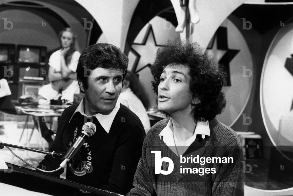 Gilbert Becaud and Michel Berger during TV Programme, November 17, 1978 (b/w photo)
