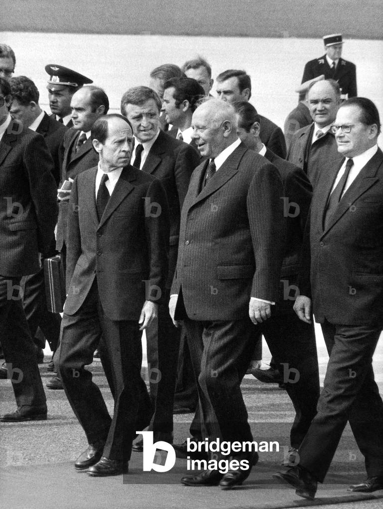 French Minister of Foreign Affairs Michel Jobert Welcoming President of Supreme Soviet Nicolai Podgorny For The Funerals of French President Georges Pompidou in Paris April 1974 (b/w photo)