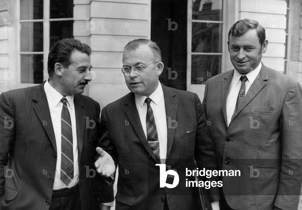 Delegates of French Trade Union Force Ouvriere : L-R : Roger Louet , Andre Bergeron and Antoine Faesch in Paris To Meet Mauricecouvedemurville August 28, 1968 (b/w photo)