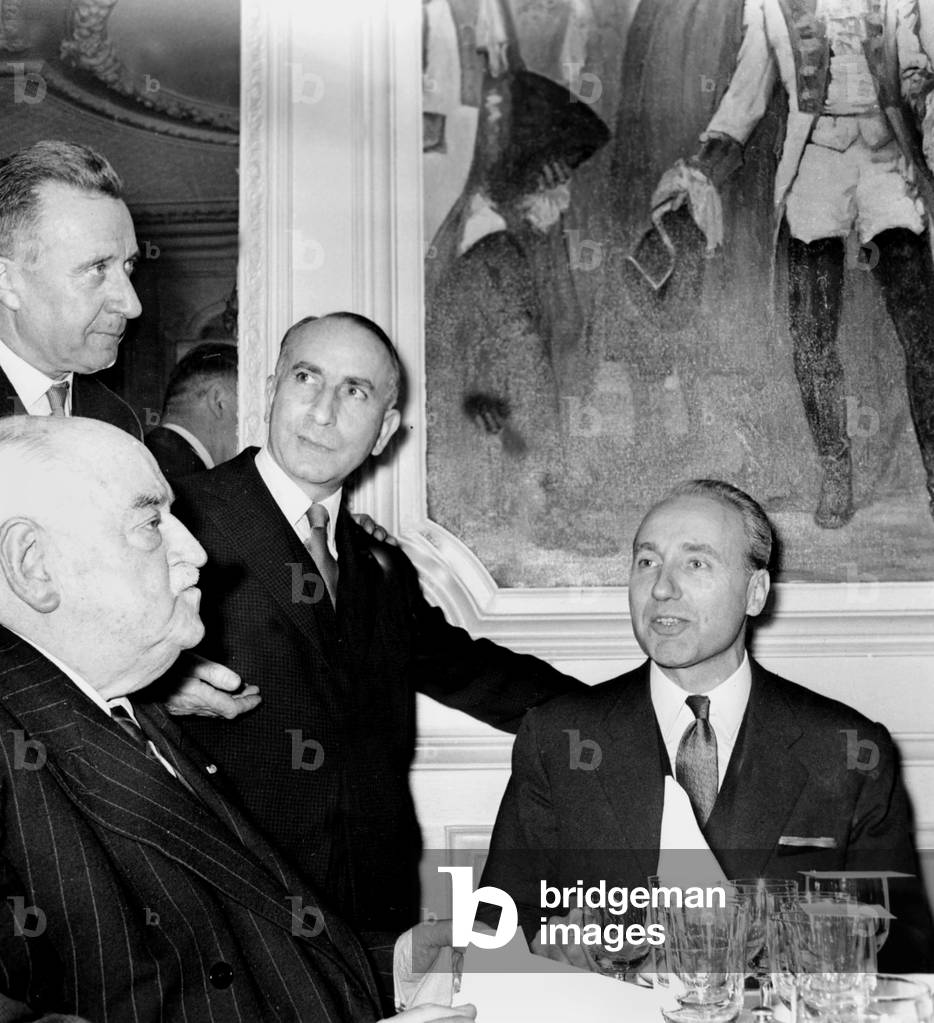 Maurice Papon, Prefect of Police of Paris, here After Results of Prize For Police Novel With L-R : Docteur Paul Membre Du Jury , Andre Gillois and Jacques Catineau November 25, 1958 (b/w photo)