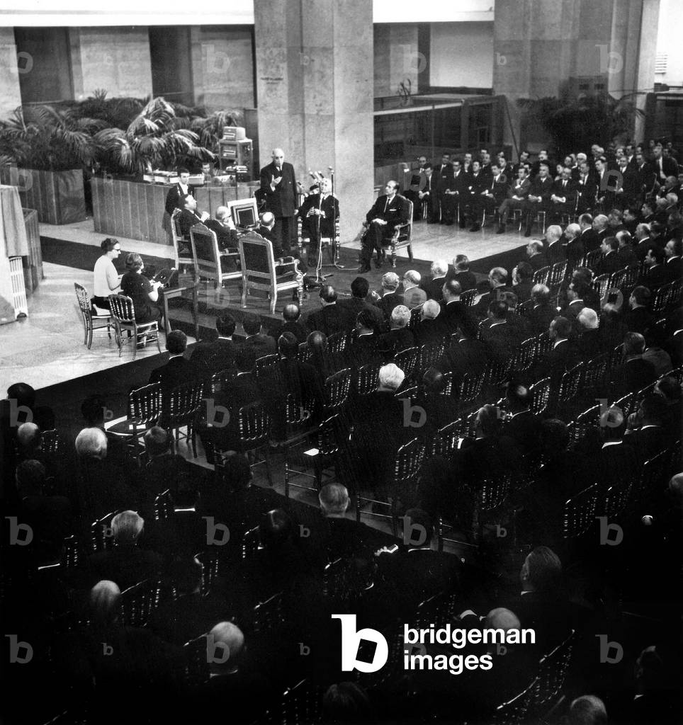 General Charles De Gaulle, Valery Giscard D' Estaing, Aime Paquet, Michel Debre, Jean-Michel Bloch-Laine, Pierre Mossu, October 7, 1966 during 150Th Anniversary of French Public and Investment Organization (b/w photo)