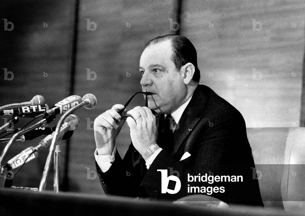 French Prime Minister Raymond Barre during Press Meeting November 28, 1978 (b/w photo)