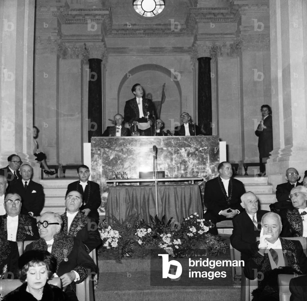 Members of The Five Academies For Their Annual Meeting, Paris, For The 167Th Anniversary of Foundation of The Institut, October 25, 1962 : Opening Speech By Jean Delay (Between Maurice Genevoix and Georges Tessier) (b/w photo)