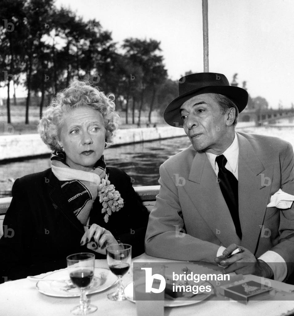 Denise Grey And Jules Berry On The Shooting Of The Film “Pas De Week End For Our Love” On The Seine Near Paris August 29, 1949 (b/w photo)