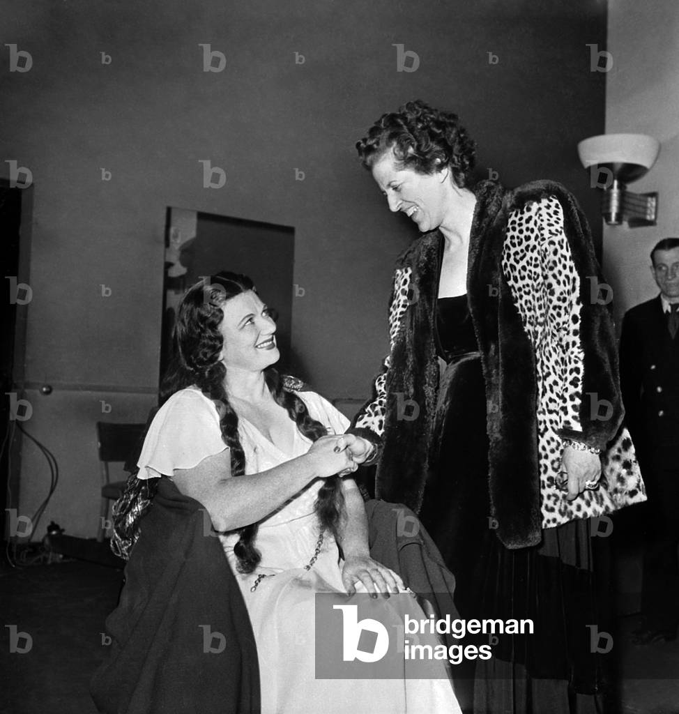 Australian Soprano Marjorie Lawrence Congratulated By Mrs Mme Bidault (Suzanne Borel) in Paris, October 16, 1946 (b/w photo)