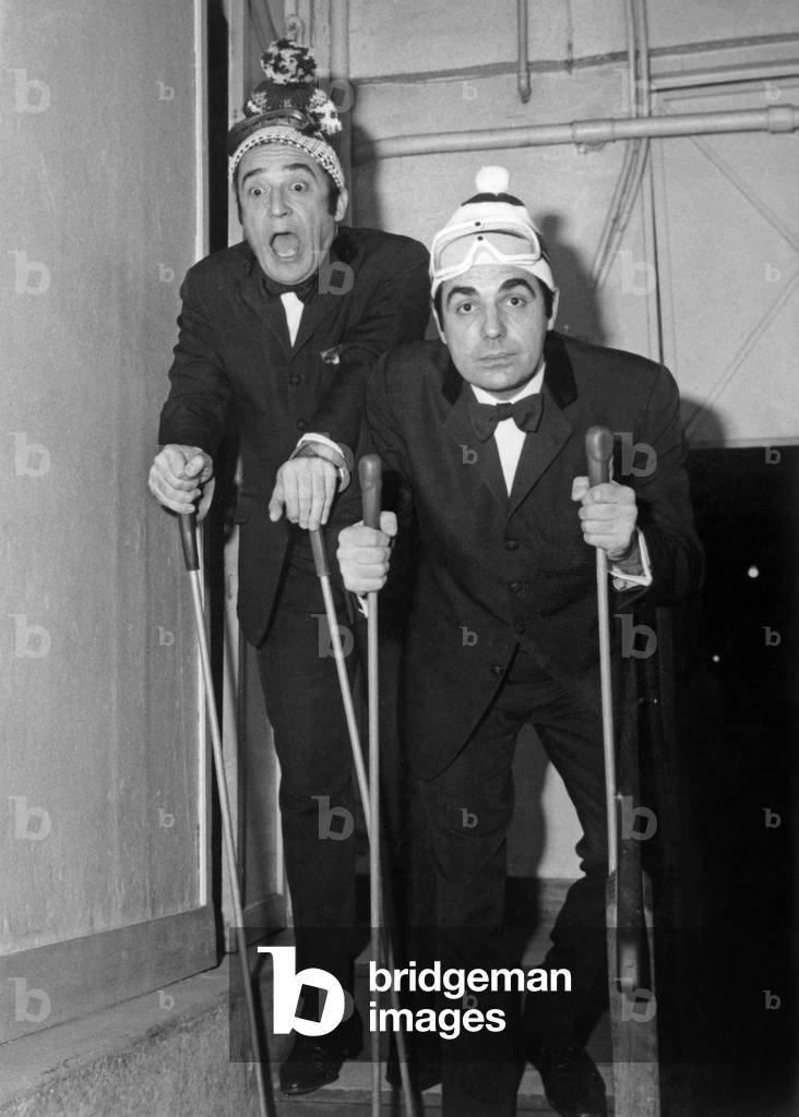 Jean Marc Thibault and Roger Pierre As Skiers in A Sketch For 150Th Anniversary of Bobino in Paris, December 23, 1966 (b/w photo)
