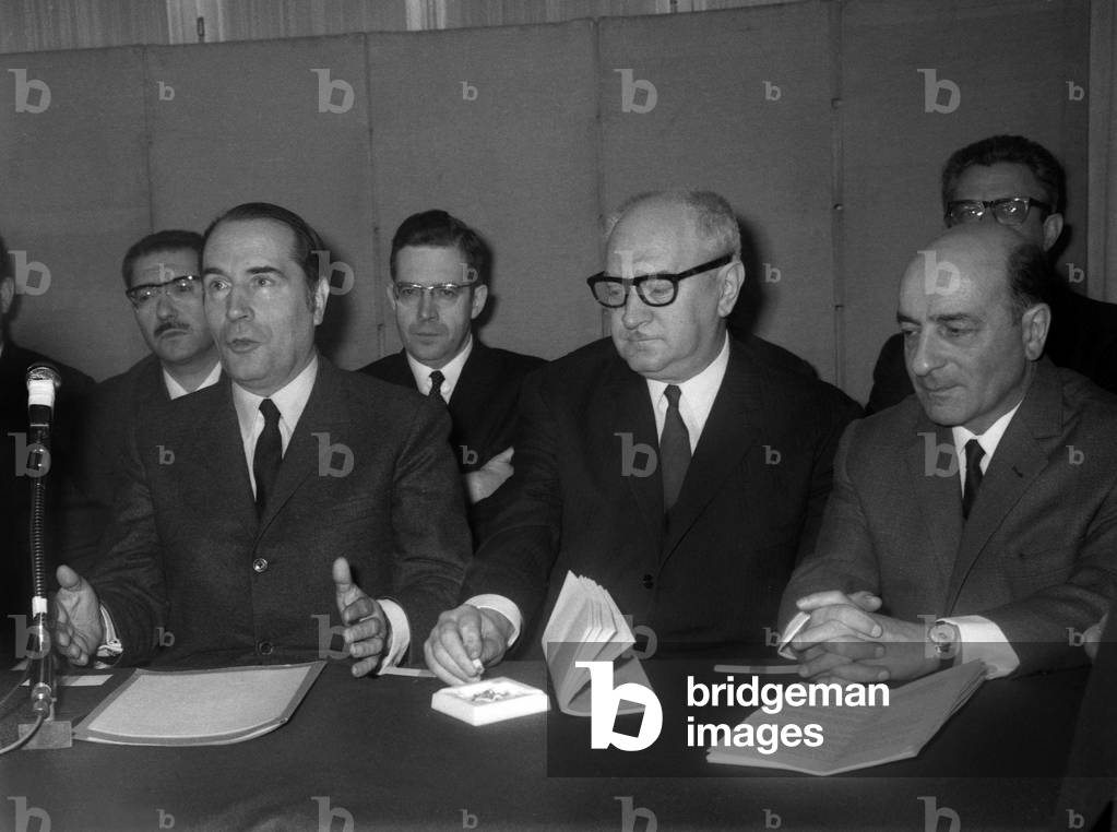 Francois Mitterrand, Guy Mollet and Rene Billeres, 1968 (b/w photo)