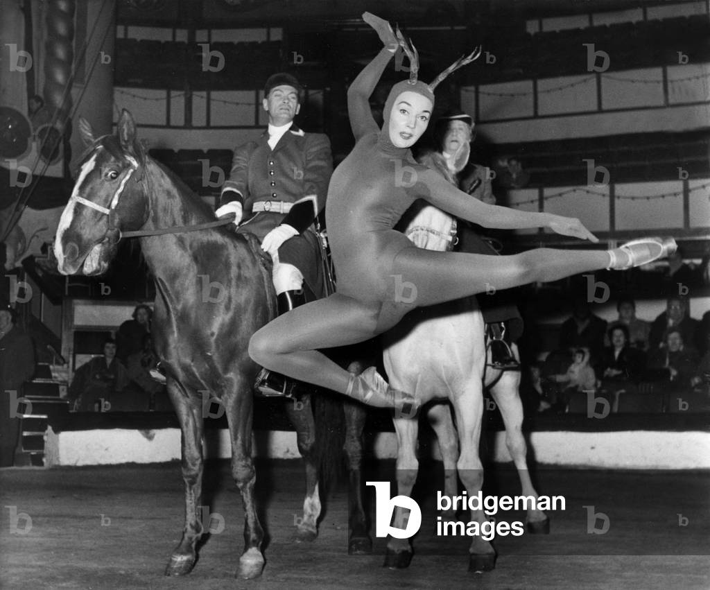 Rehearsal of Gala of Artists in Paris on February 29, 1956 : Ludmilla Tcherina With Jean Marais and Gabrielle Dorziat (Horses) (b/w photo)