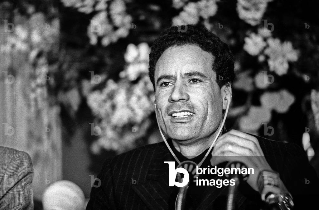 Mouammar Kadhafi, Head of Libyan State, here during Press Conference November 26, 1973 (b/w photo)