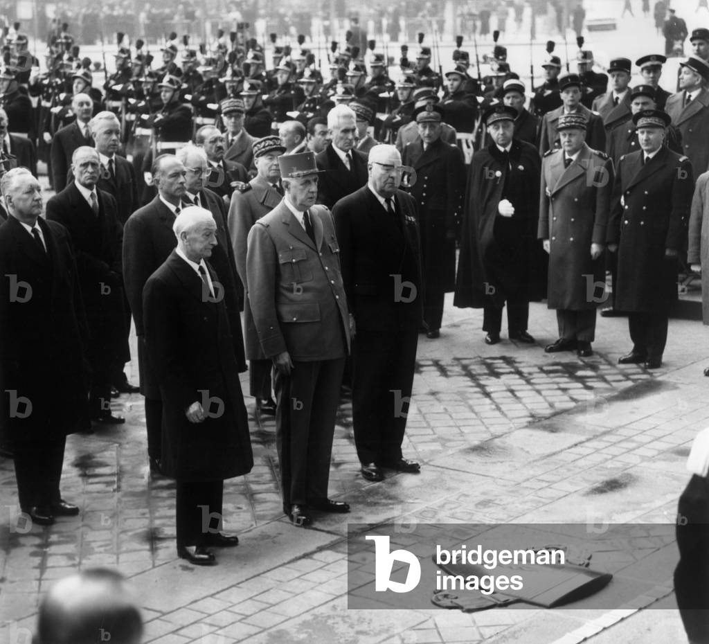 Italian President Antonio Segni With French President Charles De Gaulle, on Unknow Solider Grave in Paris on February 20, 1964, Behind : French Minister of Army Pierre Messmer (b/w photo)