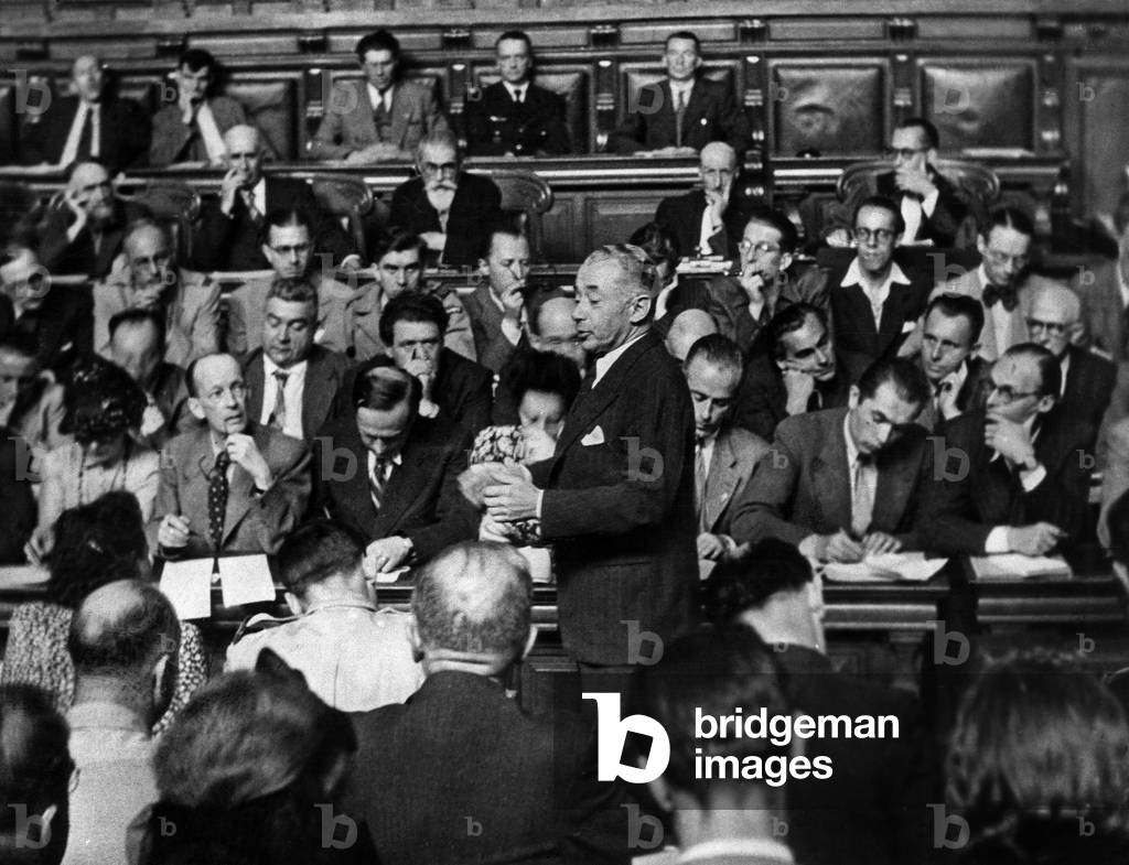 Trial of French Marshal Philippe Petain in Paris July-August 1945 : Evidence of Paul Reynaud (b/w photo)
